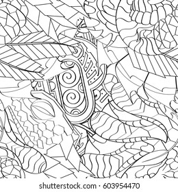 Tracery seamless calming pattern. Mehndi design. Ethnic monochrome binary doodle texture. Curved doodling black and white background. Vector.