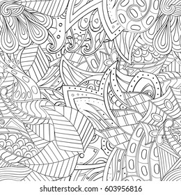 Tracery seamless calming pattern. Mehndi design. Ethnic monochrome binary doodle texture. Curved doodling black and white background. Vector.