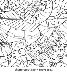 Tracery seamless calming pattern. Mehndi design. Ethnic monochrome binary doodle texture. Curved doodling black and white background. Vector.