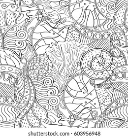 Tracery seamless calming pattern. Mehndi design. Ethnic monochrome binary doodle texture. Curved doodling black and white background. Vector.