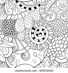 Tracery seamless calming pattern. Mehndi design. Ethnic monochrome binary doodle texture. Curved doodling black and white background. Vector.