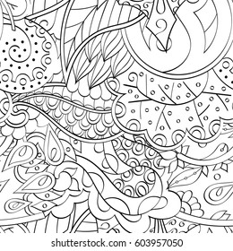Tracery seamless calming pattern. Mehndi design. Ethnic monochrome binary doodle texture. Curved doodling black and white background. Vector.