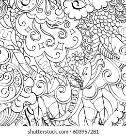 Tracery seamless calming pattern. Mehndi design. Ethnic monochrome binary doodle texture. Curved doodling black and white background. Vector.