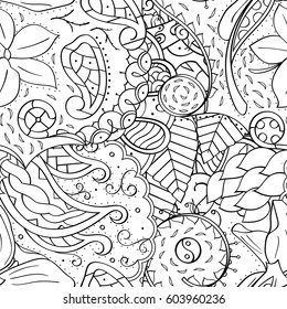 Tracery seamless calming pattern. Mehndi design. Ethnic monochrome binary doodle texture. Curved doodling black and white background. Vector.