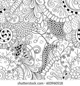 Tracery seamless calming pattern. Mehndi design. Ethnic monochrome binary doodle texture. Curved doodling black and white background. Vector.