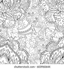 Tracery seamless calming pattern. Mehndi design. Ethnic monochrome binary doodle texture. Curved doodling black and white background. Vector.