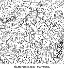 Tracery seamless calming pattern. Mehndi design. Ethnic monochrome binary doodle texture. Curved doodling black and white background. Vector.