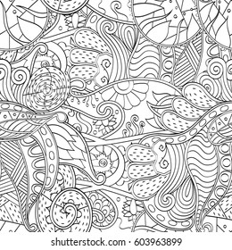 Tracery seamless calming pattern. Mehndi design. Ethnic monochrome binary doodle texture. Curved doodling black and white background. Vector.