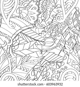 Tracery seamless calming pattern. Mehndi design. Ethnic monochrome binary doodle texture. Curved doodling black and white background. Vector.