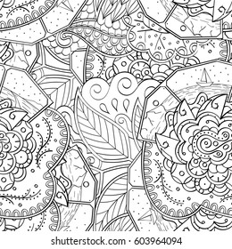 Tracery seamless calming pattern. Mehndi design. Ethnic monochrome binary doodle texture. Curved doodling black and white background. Vector.