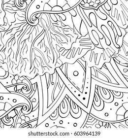 Tracery seamless calming pattern. Mehndi design. Ethnic monochrome binary doodle texture. Curved doodling black and white background. Vector.