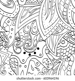 Tracery seamless calming pattern. Mehndi design. Ethnic monochrome binary doodle texture. Curved doodling black and white background. Vector.