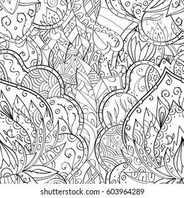 Tracery seamless calming pattern. Mehndi design. Ethnic monochrome binary doodle texture. Curved doodling black and white background. Vector.