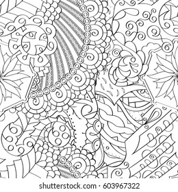 Tracery seamless calming pattern. Mehndi design. Ethnic monochrome binary doodle texture. Curved doodling black and white background. Vector.