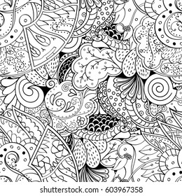 Tracery seamless calming pattern. Mehndi design. Ethnic monochrome binary doodle texture. Curved doodling black and white background. Vector.