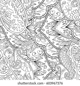 Tracery seamless calming pattern. Mehndi design. Ethnic monochrome binary doodle texture. Curved doodling black and white background. Vector.