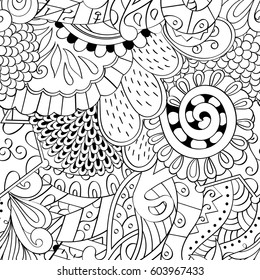 Tracery seamless calming pattern. Mehndi design. Ethnic monochrome binary doodle texture. Curved doodling black and white background. Vector.