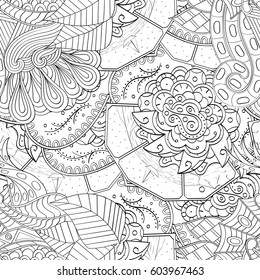 Tracery seamless calming pattern. Mehndi design. Ethnic monochrome binary doodle texture. Curved doodling black and white background. Vector.