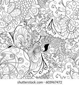 Tracery seamless calming pattern. Mehndi design. Ethnic monochrome binary doodle texture. Curved doodling black and white background. Vector.