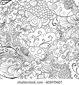 Tracery seamless calming pattern. Mehndi design. Ethnic monochrome binary doodle texture. Curved doodling black and white background. Vector.