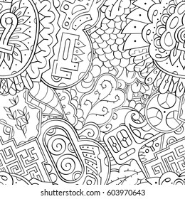 Tracery seamless calming pattern. Mehndi design. Ethnic monochrome binary doodle texture. Curved doodling black and white background. Vector.