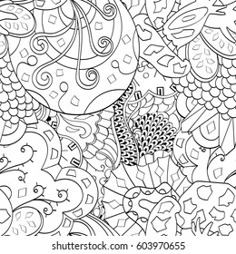 Tracery seamless calming pattern. Mehndi design. Ethnic monochrome binary doodle texture. Curved doodling black and white background. Vector.