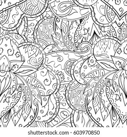Tracery seamless calming pattern. Mehndi design. Ethnic monochrome binary doodle texture. Curved doodling black and white background. Vector.