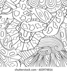 Tracery seamless calming pattern. Mehndi design. Ethnic monochrome binary doodle texture. Curved doodling black and white background. Vector.