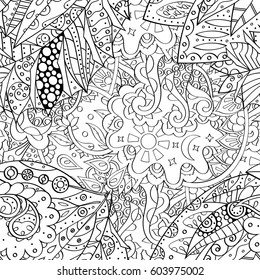 Tracery seamless calming pattern. Mehndi design. Ethnic monochrome binary doodle texture. Curved doodling black and white background. Vector.