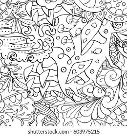 Tracery seamless calming pattern. Mehndi design. Ethnic monochrome binary doodle texture. Curved doodling black and white background. Vector.