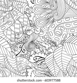 Tracery seamless calming pattern. Mehndi design. Ethnic monochrome binary doodle texture. Curved doodling black and white background. Vector.