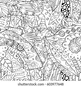 Tracery seamless calming pattern. Mehndi design. Ethnic monochrome binary doodle texture. Curved doodling black and white background. Vector.