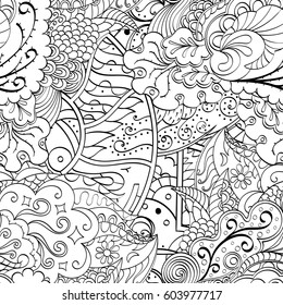 Tracery seamless calming pattern. Mehndi design. Ethnic monochrome binary doodle texture. Curved doodling black and white background. Vector.