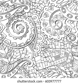 Tracery seamless calming pattern. Mehndi design. Ethnic monochrome binary doodle texture. Curved doodling black and white background. Vector.