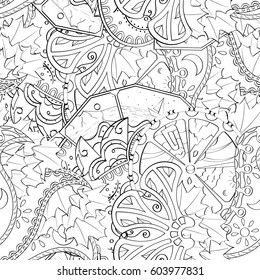 Tracery seamless calming pattern. Mehndi design. Ethnic monochrome binary doodle texture. Curved doodling black and white background. Vector.
