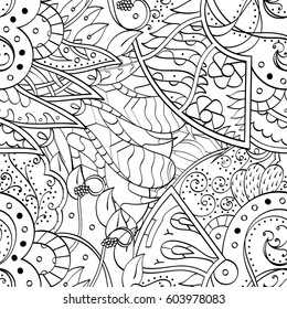 Tracery seamless calming pattern. Mehndi design. Ethnic monochrome binary doodle texture. Curved doodling black and white background. Vector.