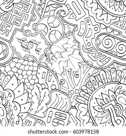Tracery seamless calming pattern. Mehndi design. Ethnic monochrome binary doodle texture. Curved doodling black and white background. Vector.