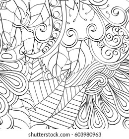 Tracery seamless calming pattern. Mehndi design. Ethnic monochrome binary doodle texture. Curved doodling black and white background. Vector.