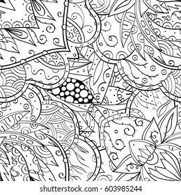 Tracery seamless calming pattern. Mehndi design. Ethnic monochrome binary doodle texture. Curved doodling black and white background. Vector.