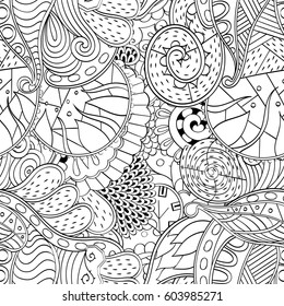 Tracery seamless calming pattern. Mehndi design. Ethnic monochrome binary doodle texture. Curved doodling black and white background. Vector.