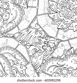 Tracery seamless calming pattern. Mehndi design. Ethnic monochrome binary doodle texture. Curved doodling black and white background. Vector.