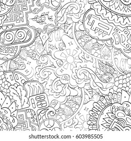 Tracery seamless calming pattern. Mehndi design. Ethnic monochrome binary doodle texture. Curved doodling black and white background. Vector.