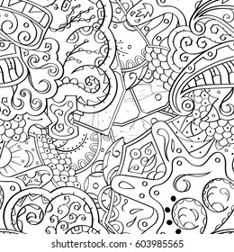 Tracery seamless calming pattern. Mehndi design. Ethnic monochrome binary doodle texture. Curved doodling black and white background. Vector.
