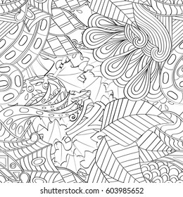 Tracery seamless calming pattern. Mehndi design. Ethnic monochrome binary doodle texture. Curved doodling black and white background. Vector.