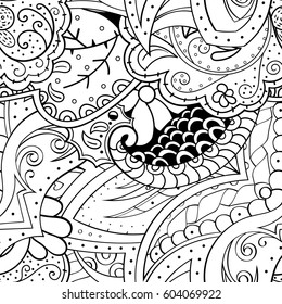 Tracery seamless calming pattern. Mehndi design. Ethnic monochrome binary doodle texture. Curved doodling black and white background. Vector.