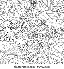 Tracery seamless calming pattern. Mehndi design. Ethnic monochrome binary doodle texture. Curved doodling black and white background. Vector.