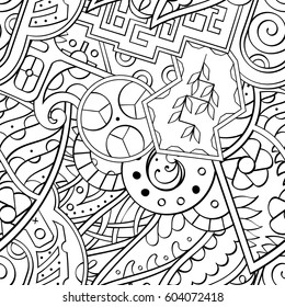 Tracery seamless calming pattern. Mehndi design. Ethnic monochrome binary doodle texture. Curved doodling black and white background. Vector.