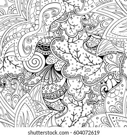 Tracery seamless calming pattern. Mehndi design. Ethnic monochrome binary doodle texture. Curved doodling black and white background. Vector.