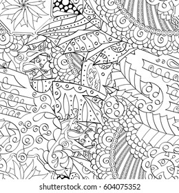 Tracery seamless calming pattern. Mehndi design. Ethnic monochrome binary doodle texture. Curved doodling black and white background. Vector.