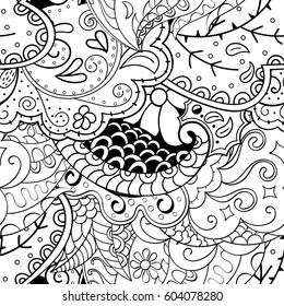 Tracery seamless calming pattern. Mehndi design. Ethnic monochrome binary doodle texture. Curved doodling black and white background. Vector.
